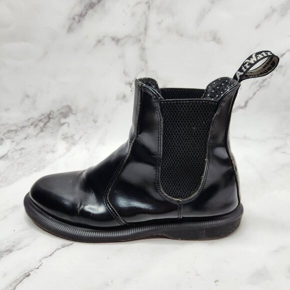 Dr. Martens Flora Polished Black Leather Boots Chelsea Ankle Booties Women's 6 - Picture 1 of 10